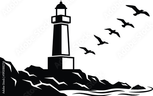 Lighthouse on rocky shore with seagulls flying in sky silhouette, coastal maritime navigation beacon, cad drawing flat vector illustration for nautical sea travel
