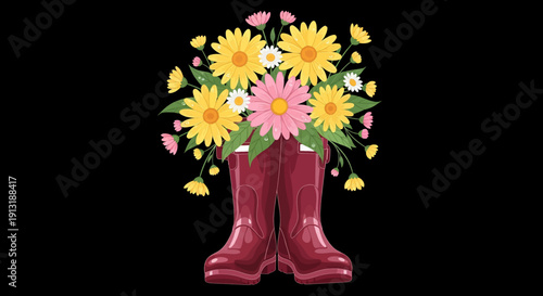 Whimsical boots blooming with vibrant flowers in a surreal and cheerful setting