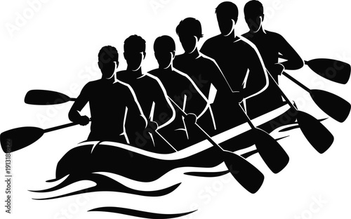 Team of six people silhouettes paddling together in a rowing boat on water waves, teamwork and outdoor sports adventure concept.
