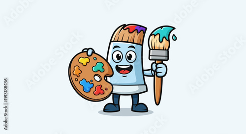 Cartoon Paintbrush Character Holding Palette.