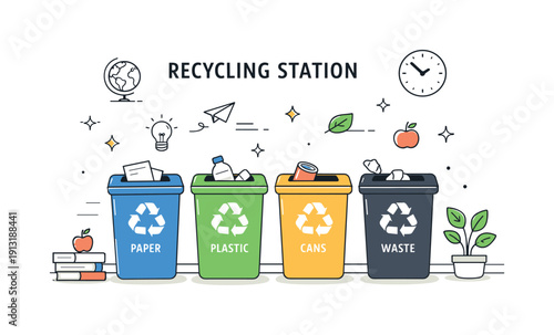 School Recycling Station. School recycling station. Color-coded bins neatly arranged in a hallway with recycling symbols. Order, accessibility and everyday