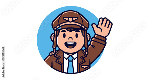 Cartoon Pilot Waving in Uniform.