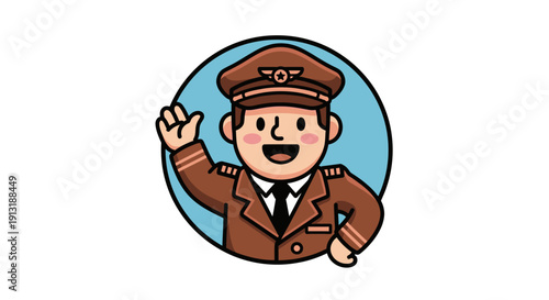 Cartoon Pilot Waving in Uniform.