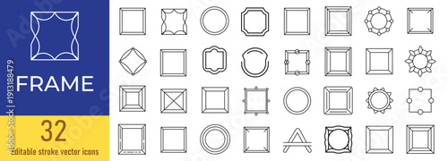 Photo frame line icons set with various geometric shapes square circle and rectangular borders for interior decoration photography framing and graphic design projects work