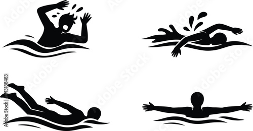 Black silhouette icons illustrate a person in distress alongside three swimmers performing different aquatic actions