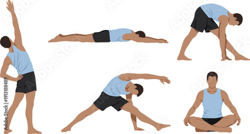 Male Athlete Demonstrating Stretching and Yoga Poses Set, Flat Vector Illustration of Fitness Exercises, Warm Up Routine, Flexibility Training and Healthy Active Lifestyle Concept