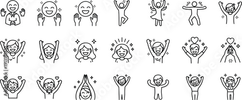Large Set of Happy People Line Icons Featuring Joyful Men and Women Characters Jumping Celebrating Smiling and Showing Love for Positive Mental Health Design