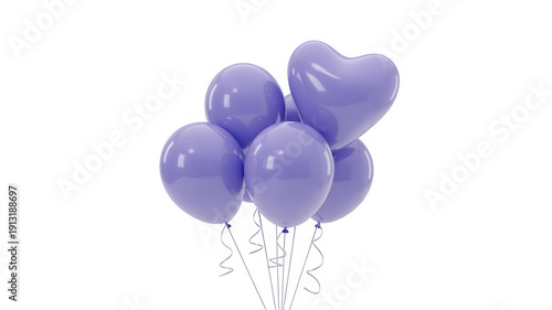 Purple balloons with heart shaped balloon bunch tied ribbons isolated on a transparent background