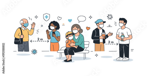 Community response to health crisis. Diverse people following health guidance, wearing masks and keeping distance in a simple public space.