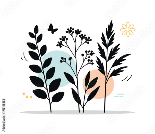 Minimal botanical silhouettes. A clean scene featuring a few tall plant silhouettes gently overlapping, creating a sense of rhythm and calm.