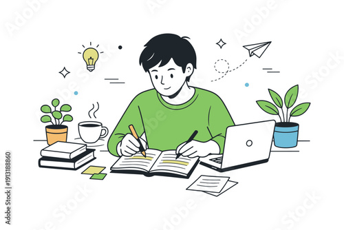 Studying in a quiet environment. A student reading and highlighting notes in a serene room with plants and natural light. The mood is calm,