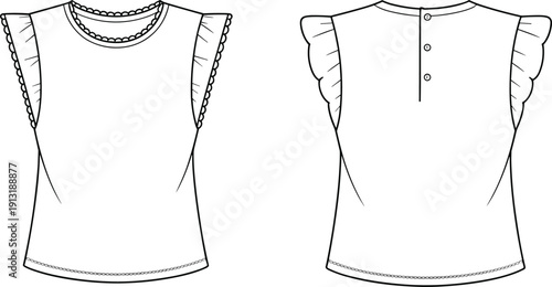 Line of two white blouses with ruffled cap sleeves line ruffled cap sleeves buttons scalloped edges