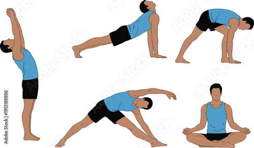 Man Demonstrating Yoga Poses Collection Including Upward Salute Plank Forward Fold Side Stretch and Seated Meditation Isolated Vector Illustration for Fitness and Wellness Concept
