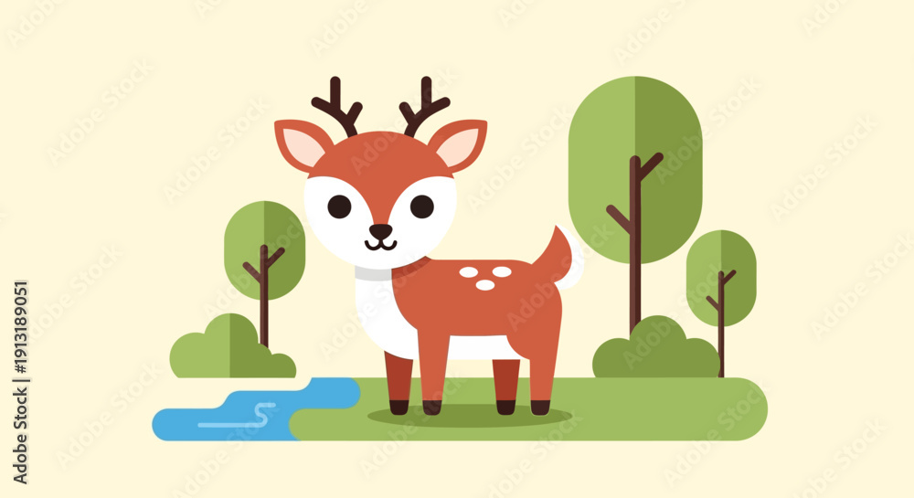 Fototapeta premium Cartoon Deer Standing Near Water Body.