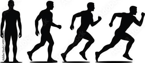 Black silhouettes demonstrate a mans transition from standing still to an energetic full speed run