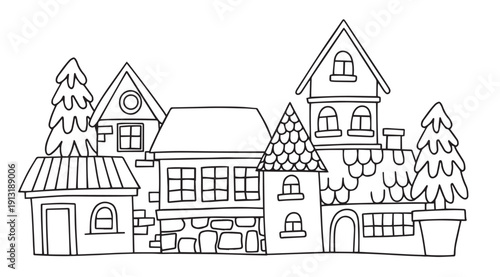 Cute Christmas village. Vector illustration in doodle style.