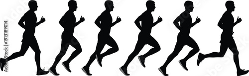 Set of Running Man Silhouette Sequence, Male Jogger Sprinting in Motion Isolated on White Background, Fitness Training, Marathon Athlete Vector Illustration Collection
