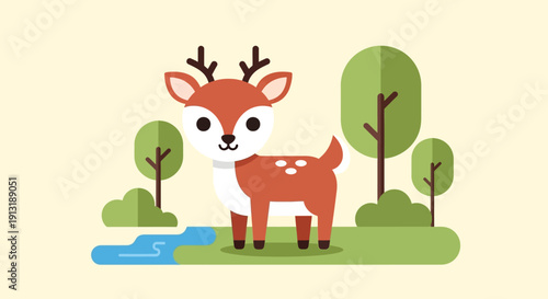 Cartoon Deer Standing Near Water Body.