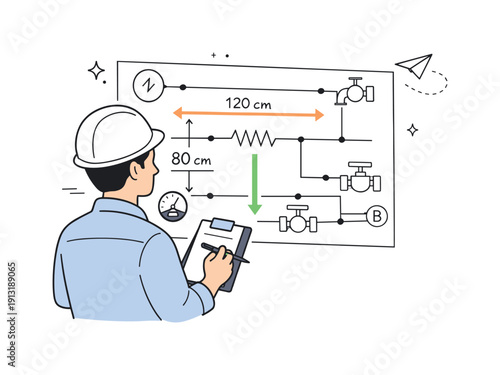 Engineering Diagram Review. Engineering diagrams. An engineer reviews a simplified schematic on a large sheet, focusing on connections and measurements. Quiet