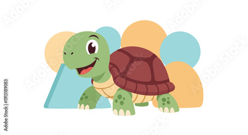 Cartoon Green Turtle with Brown Shell.