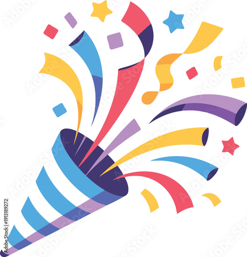 Celebratory blue striped party popper with an exciting explosion of colorful shapes