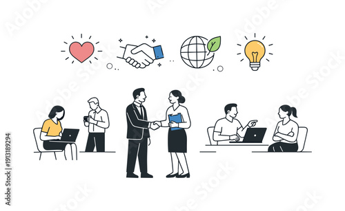 Values washing in companies. A simplified editorial scene showing polished value icons floating above disconnected team interactions. The