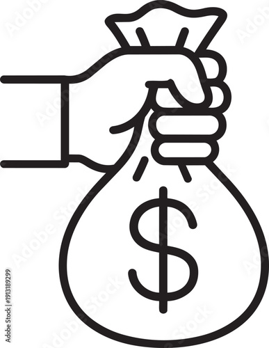 Hand holding a tied money bag sack representing wealth prize or financial bonus