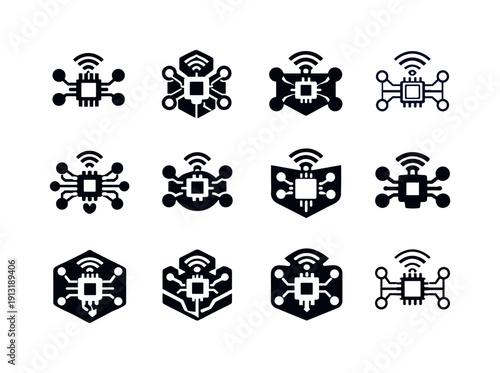 Automation and smart devices. Icon set. Set Logo of automation and smart devices: smart sensor node. harmonious logo variations of the same
