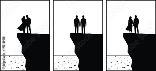 Couple standing on cliff edge silhouette looking at ocean, mountain precipice landscape with people, cad drawing flat vector illustration for romance and nature