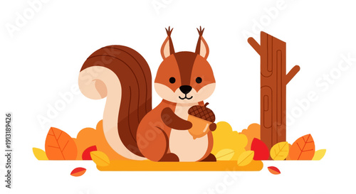 Squirrel holding acorn cartoon illustration.