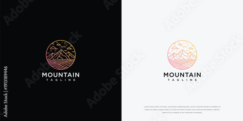 Minimalist Mountain Landscape Logo Design - Line Art Nature Circle Emblem.