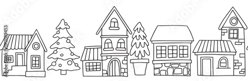 cute Christmas village. Seamless border in doodle style. Coloring page for children