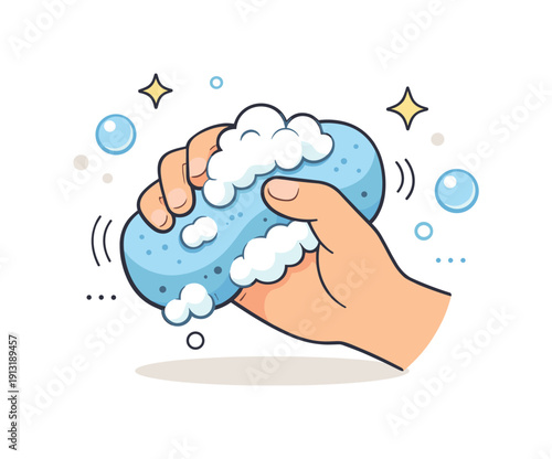 Using a bath sponge. A hand gently squeezing a bath sponge with light foam appearing, calm and soothing. Simple bubbles and motion lines add