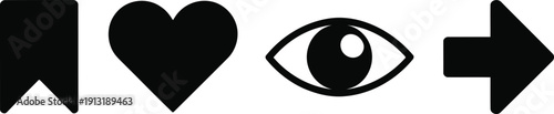 Clear black silhouette symbols showing a bookmark heart an eye and a strong directional arrow