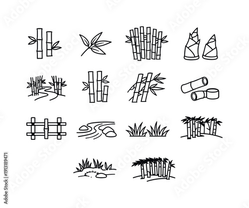 Bamboo grove. Line icon set of Bamboo grove: bamboo stalks, bamboo leaves, dense bamboo cluster, bamboo shoots, forest path, tall bamboo