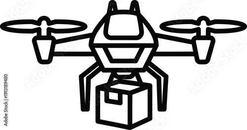 Black line art drone delivering a package delivery cargo