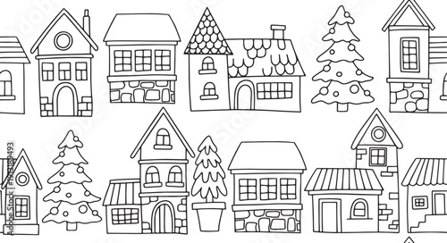 cute Christmas village. seamless pattern in doodle. Coloring book for children