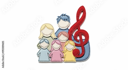 Stylized illustration of a happy family or choir group with a large red treble clef, symbolizing music, harmony, and togetherness.