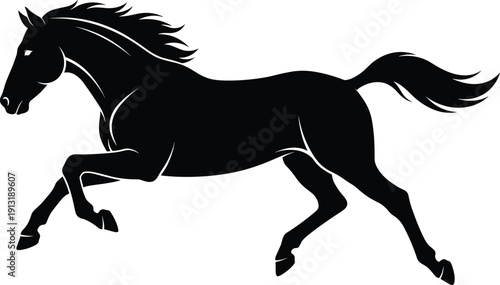 Black stallion running silhouette side view, wild horse galloping isolated on white background, powerful equine stallion cad drawing flat vector illustration for graphic design
