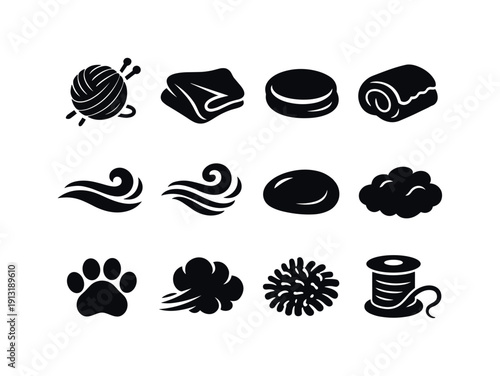 Soft Textures. Solid icon set of Soft Textures: wool ball, velvet fold, cotton pad, fleece fabric, gentle motion, breeze swirl, smooth