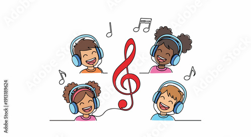 Diverse group of happy children wearing headphones, enjoying music with a prominent red treble clef and musical notes, continuous line illustration.