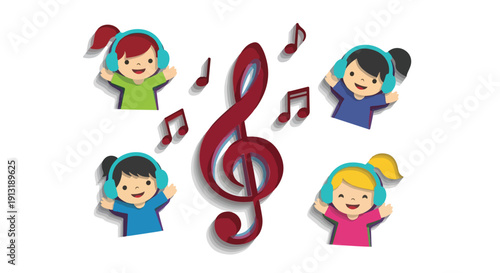 Cute cartoon children wearing headphones, happily listening to music with floating musical notes and a treble clef, perfect for early music education concepts.