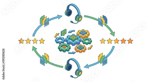 Isometric Contact Center SaaS Workflow Illustration for Customer Support Automation and Help Desk Service Management with Headsets, Gears, and 5-Star Rating Feedback Loop