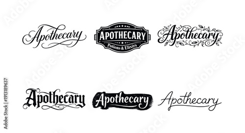 Apothecary label lettering. Set lettering. harmonious lettering variations of the same emblematic concept, each with different artistic