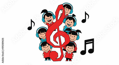 Group of happy cartoon children wearing blue headphones, surrounding a large red treble clef and black musical notes, celebrating music education.