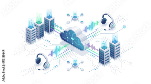 Isometric Cloud Contact Center SaaS Infrastructure with Headsets and Servers for Digital Customer Support, VoIP Communication, and Data Hosting Network Illustration