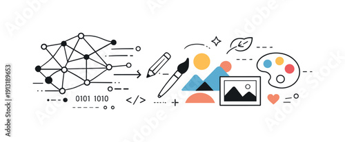 Artificial Intelligence in Visual Arts and Design. Abstract composition of neural-network lines transforming into shapes, colors, and design