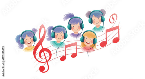 Joyful cartoon children with headphones listening to music, surrounded by red musical notes and a treble clef, symbolizing education and happiness.