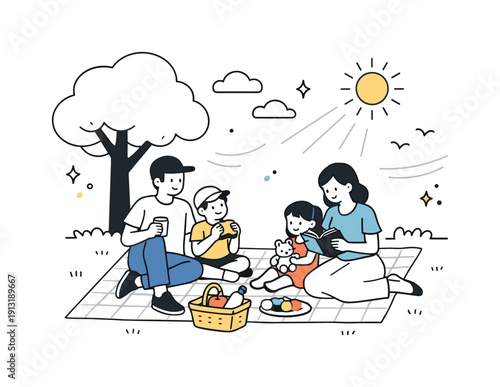 A family having a picnic in the park on a sunny day. The family relaxing together under a tree with gentle sun rays and soft breeze lines.