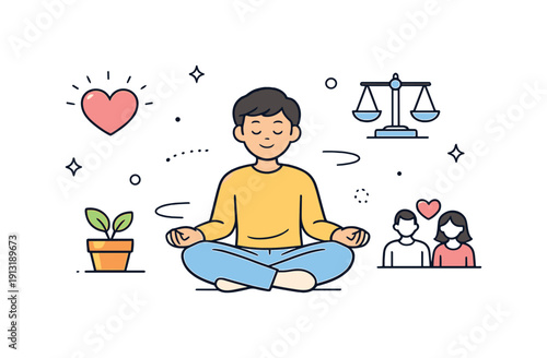 Self-love and relationship growth overview. Calm editorial scene showing a person centered and relaxed, with gentle symbols of heart,